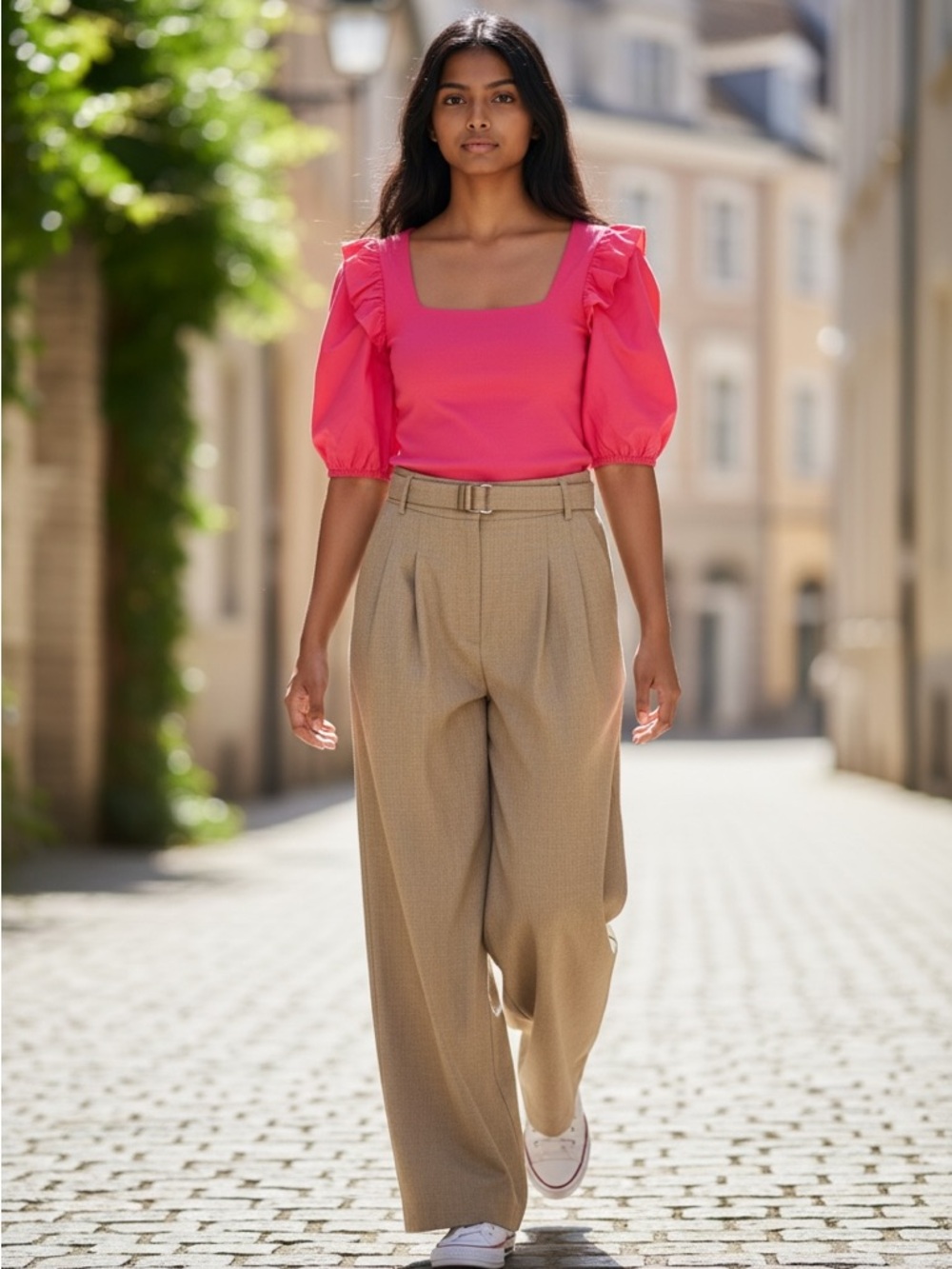 Clothing Set-Zara Beige Wide-Leg Trousers Size 10/ ZARA Large Top Pink Large